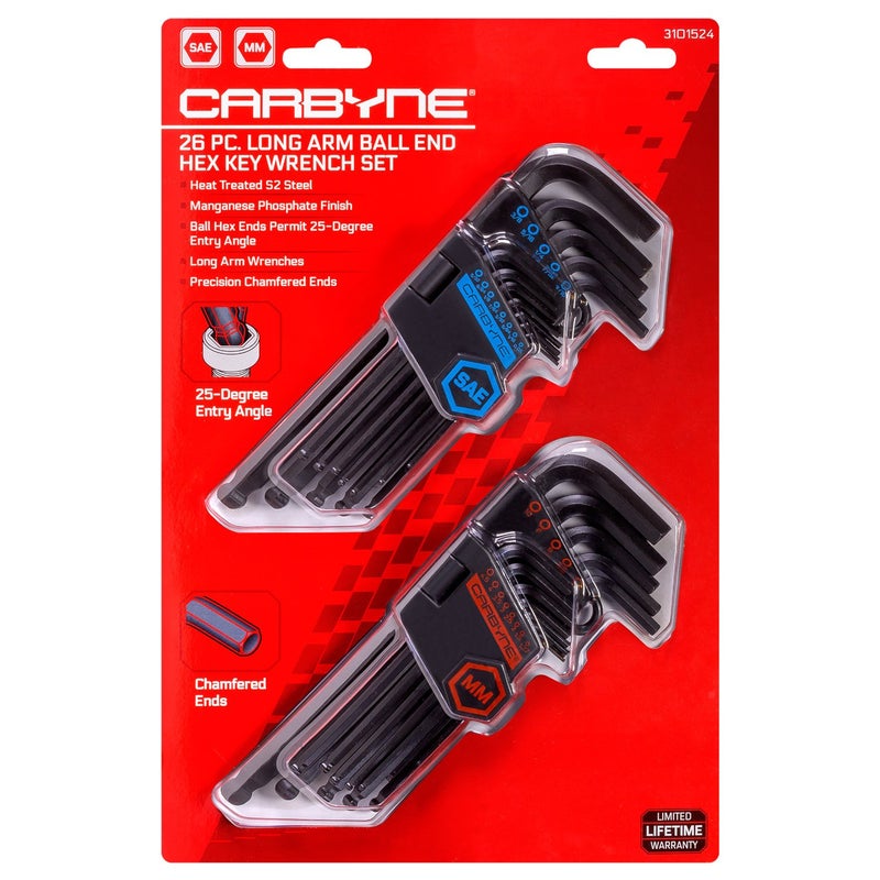 Carbyne 26-Piece Long Arm Ball End Hex (Allen) Key Wrench Set, Inch (SAE) / Metric. Includes 1.27mm-10mm and .05-3/8 Inch Sizes. Heat Treated S2 Steel - Image 2